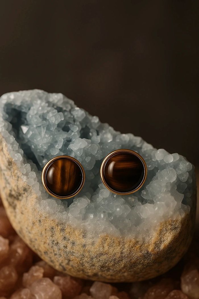 Clous d’oreilles en Plaqué💫Or 18 Carats & Œil de Tigre AAA 14 mm - photo numéro 2