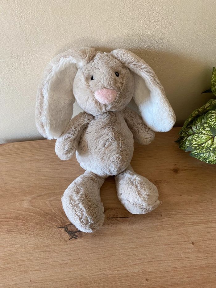 Doudou peluche lapin beige gris blanc nez rose teddy kompaniet