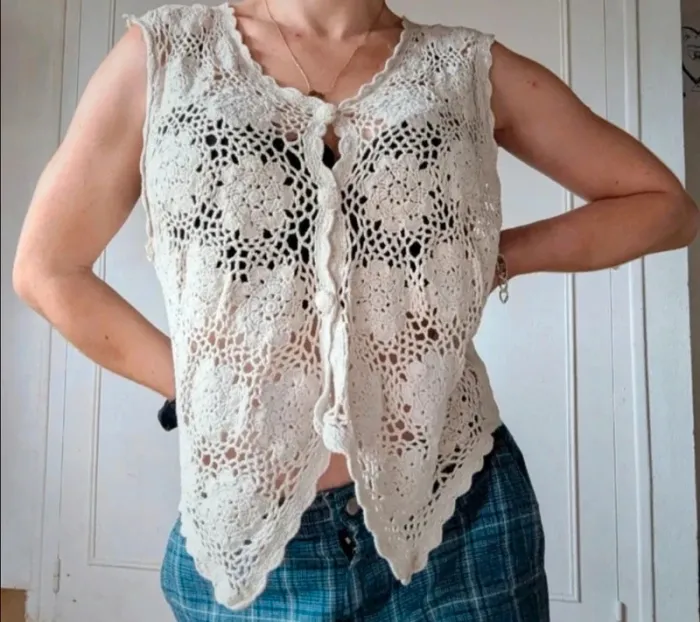 💎haut gilet sans manche crochet blanc crème t M 38 l 40 Debbie Morgan original rare - photo numéro 7