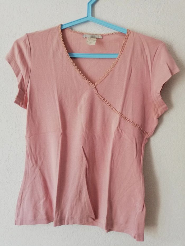Tee-shirt manches très courtes La Redoute t. 38/40 vieux rose. Encolure faux cache-cœur