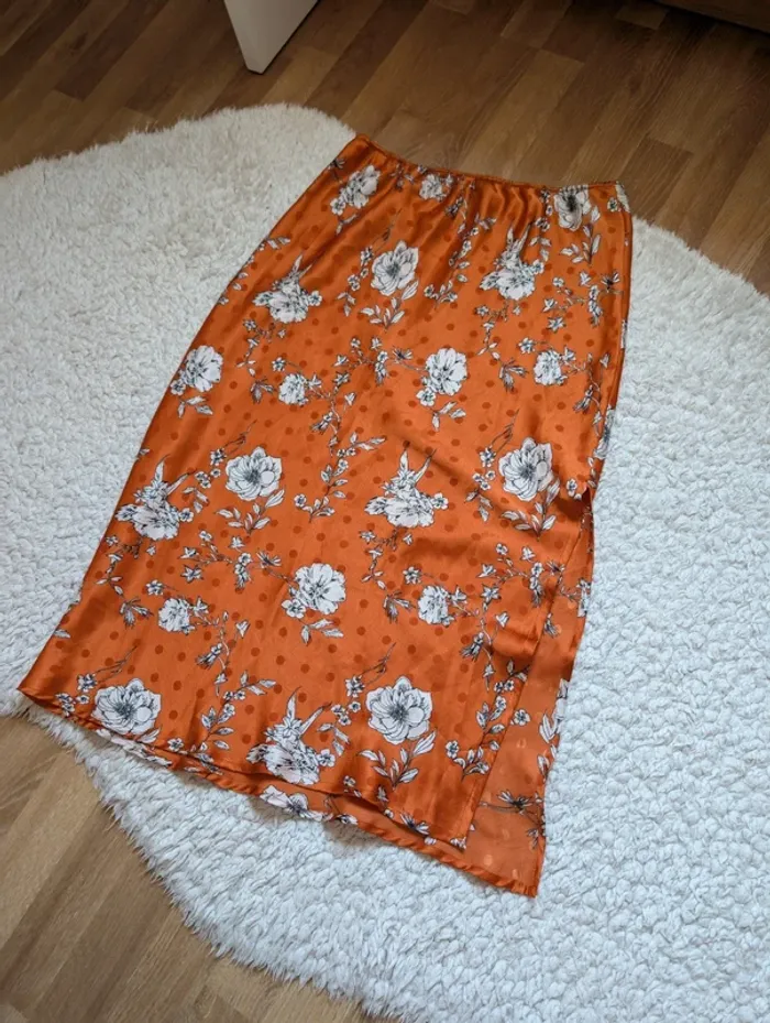 Jupe longue satinée orange fleuri taille élastique bohème moderne estivale taille 40 - photo numéro 5