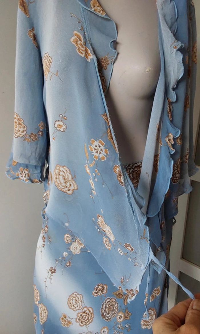 Superbe ensemble fluide Vintage bleu fleuri marron jupe et veste boléro T40 - photo numéro 7