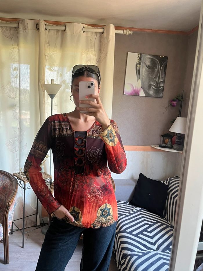 Top ethnic à boucles y2k 2000yer grunge bohème champêtre mesh vintage