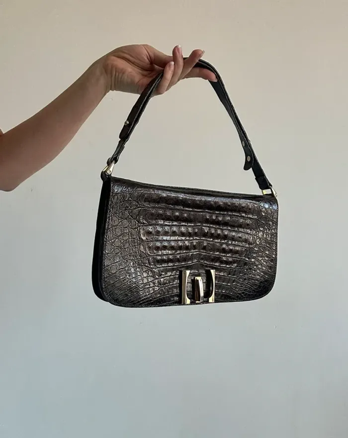 Petit sac baguette vintage marron brillant - photo numéro 2