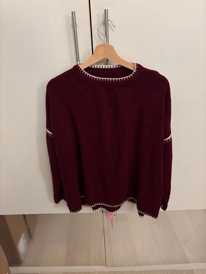 Pull acrylique oversize bordeaux et blanc - photo numéro 2