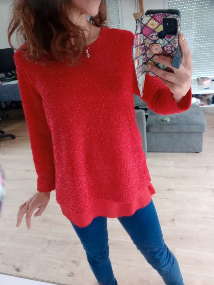 Pull femme L rouge fibres brillantes c85 - photo numéro 2