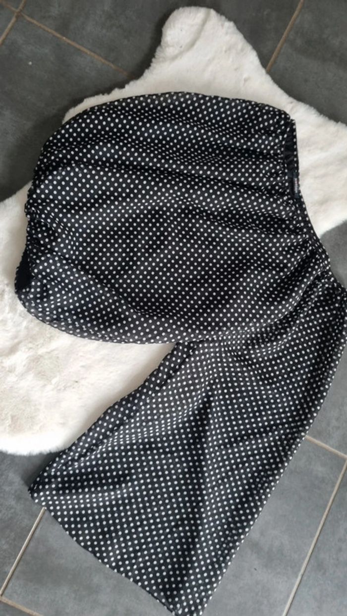 Haut Morgan habillé 36 S noir / pois blanc épaule dénudé asymétrique