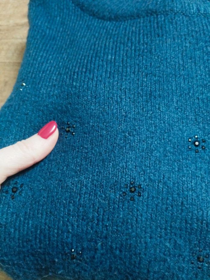 Pull oversize bleu en mailles et strass 38/40 - photo numéro 2