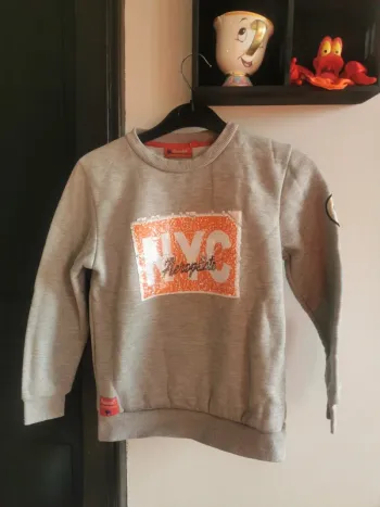 Pull gris avec motifs.