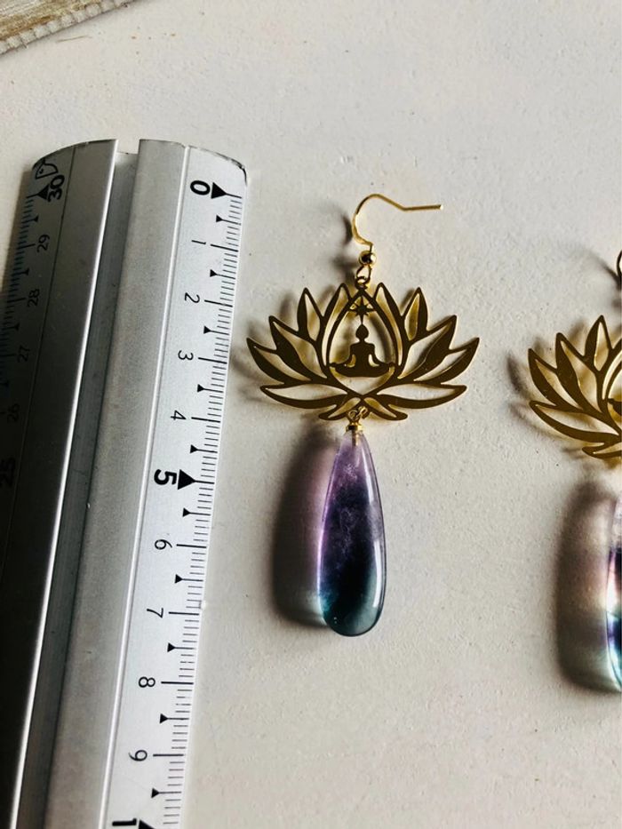 🪷Boucles d’oreilles lotus yoga méditation fluorite spiritual natural stone earrings🪷 - photo numéro 8