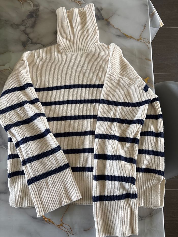 Pull  col roulé marin blanc et bleu marine