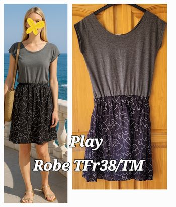 Play Robe TFr38/TM-Noir & Gris- MC-Bi-matières Jersey et Tissu Imprimé- Taille élastiquée enTBE