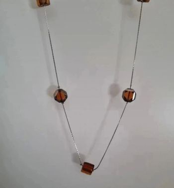 Sautoir long metal argenté et pierres marron