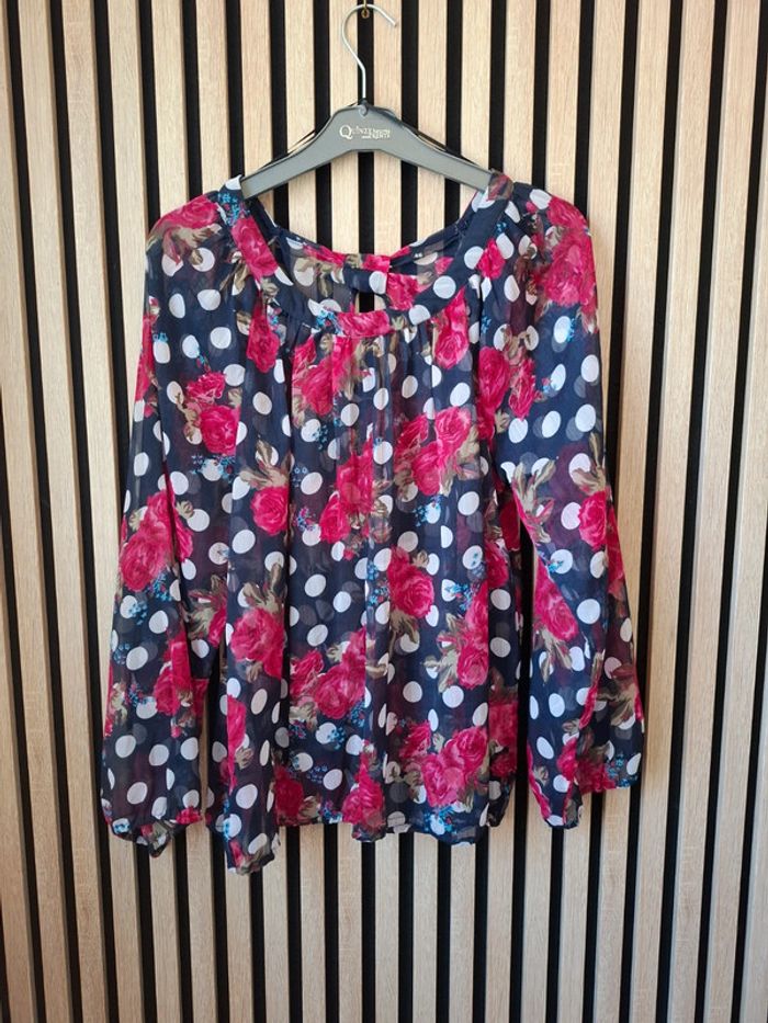 Haut blouse fluide fleurie bleu marine ,rose et blanc.T46