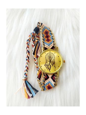 Bracelet montre bohème ethnique attrape-rêve doré cadran 3,5 cm réglable