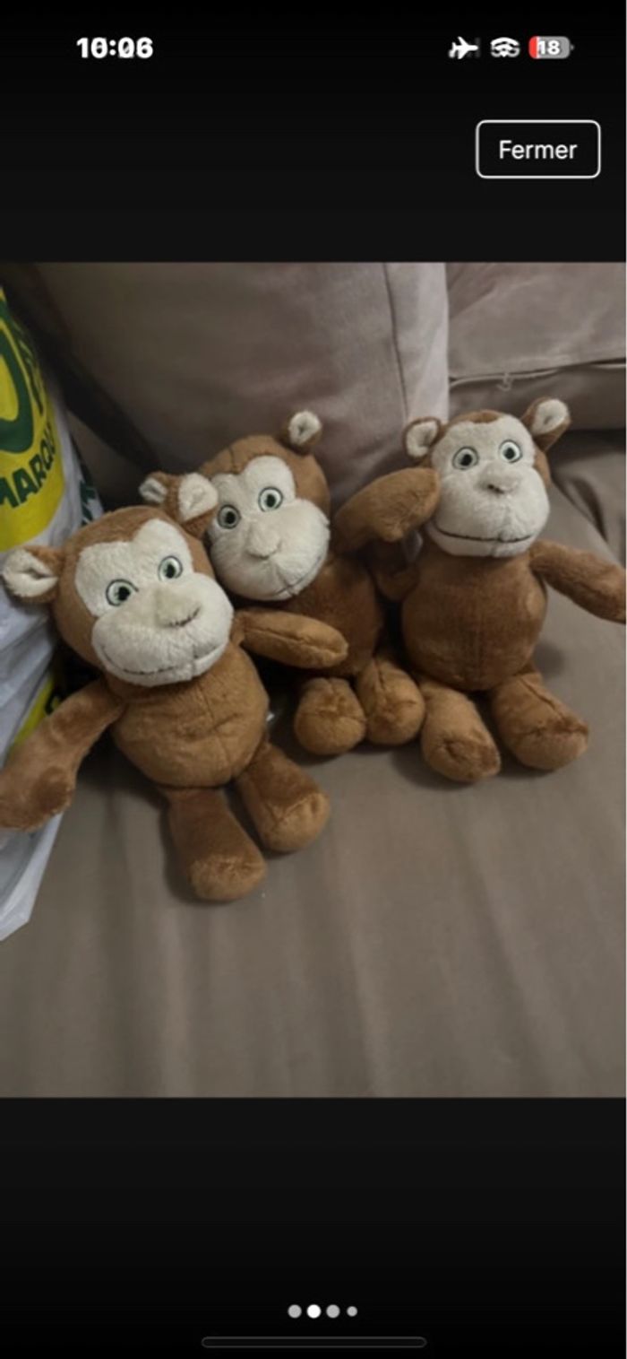 lot 3 peluches singe très bon état idéal triple - photo numéro 2