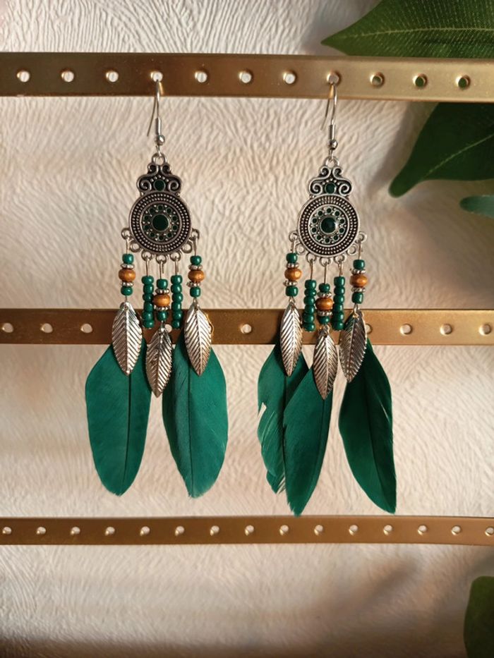 Boucles d’oreilles pendantes – Style bohème à plumes - photo numéro 2