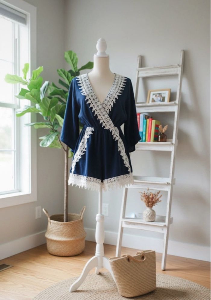 Combishort bleu marine dentelle blanche