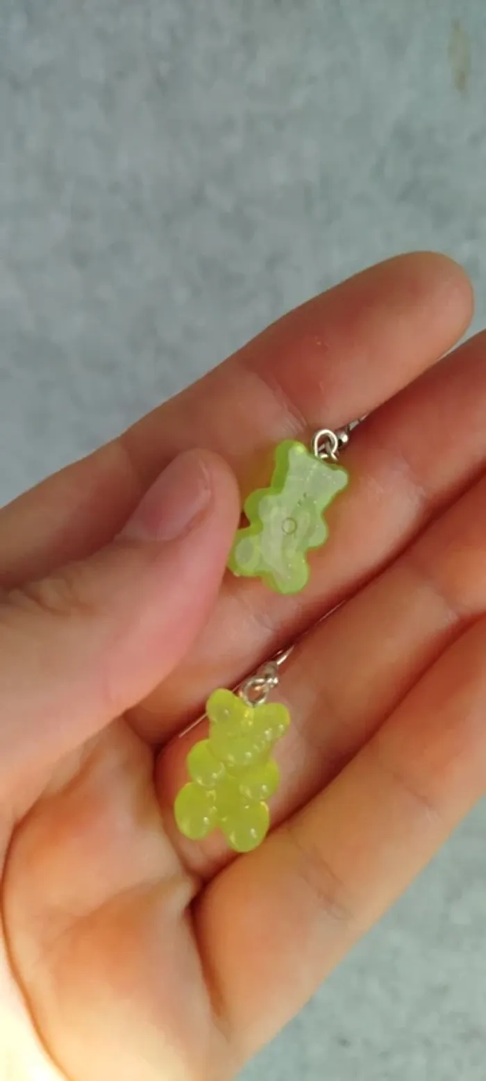🍄 Boucles d’oreilles ▪ ourson bonbon vert translucide - photo numéro 3