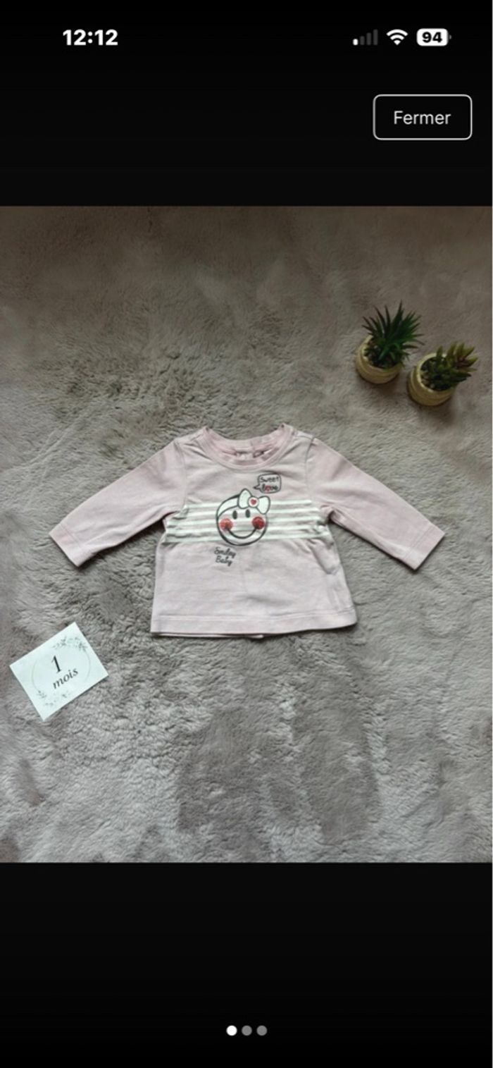 Pull bébé rose 1 mois – ouverture dos complète, motif adorable 💗 - photo numéro 1