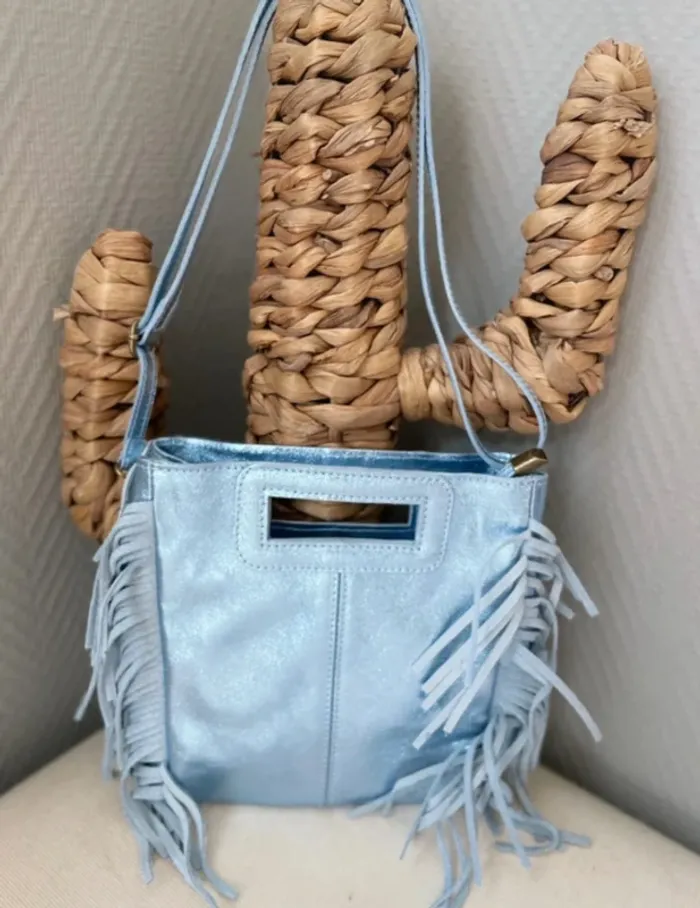 Sac bandoulière cuir véritable bleu gris franges - photo numéro 6