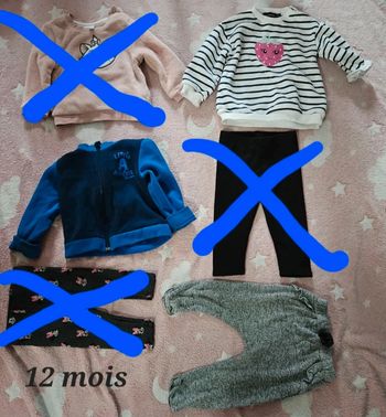 Lot de 3 vêtements 12 mois. 1 pull fraise, 1 veste bleue et 1 pantalon gris