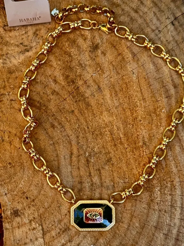 Gros collier  maillons épais large médaille grigri œil acier inoxydable or habaha Paris - photo numéro 2
