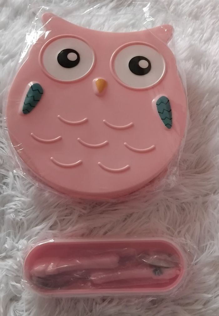 Boite à repas avec couverts - enfant fille - Forme hibou rose
