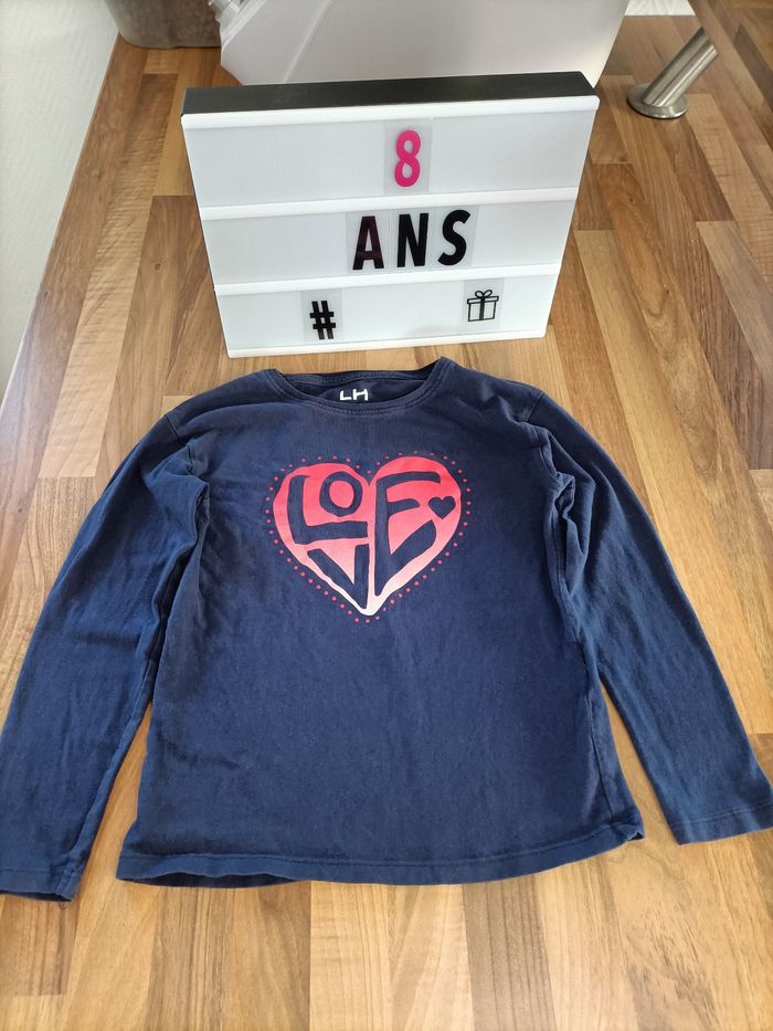 Tee-shirt manches longues marine et rose motif coeur La Halle 8 ans