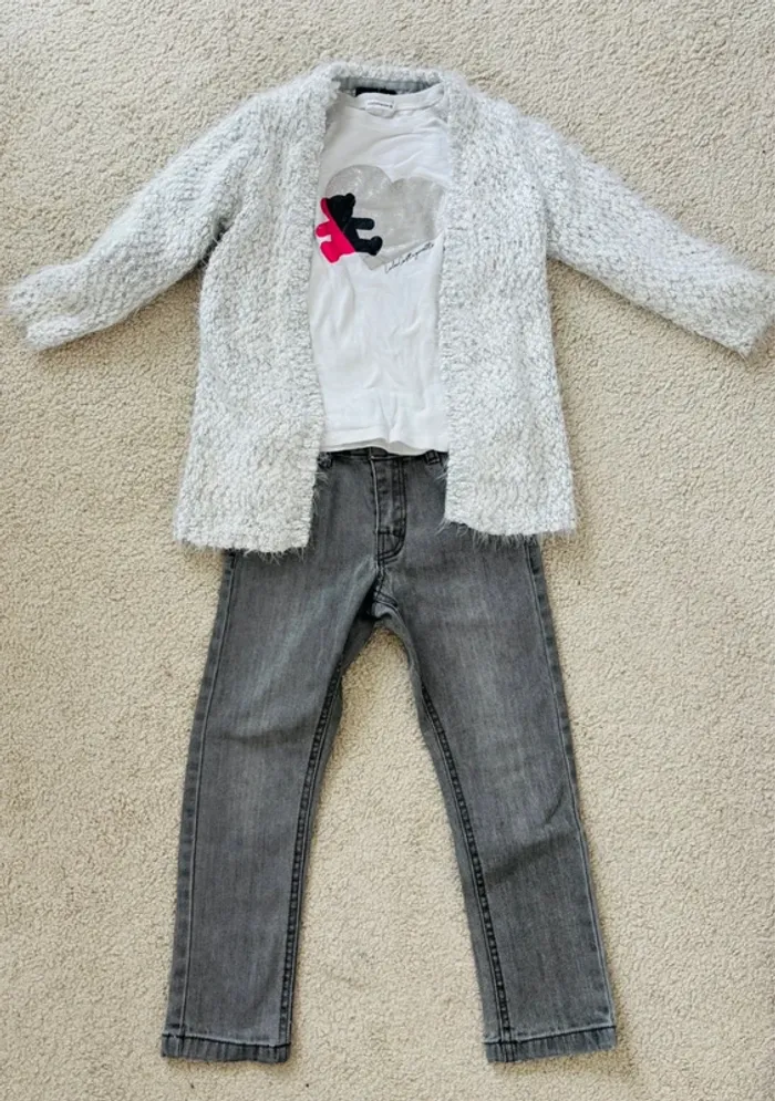 Ensemble rentrée fille 6 ans – Jean gris, gilet poilu, t-shirt Lulu Castagnette