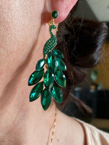Boucles d oreilles paon vert émeraude avec strass bijou élégant lumineux 