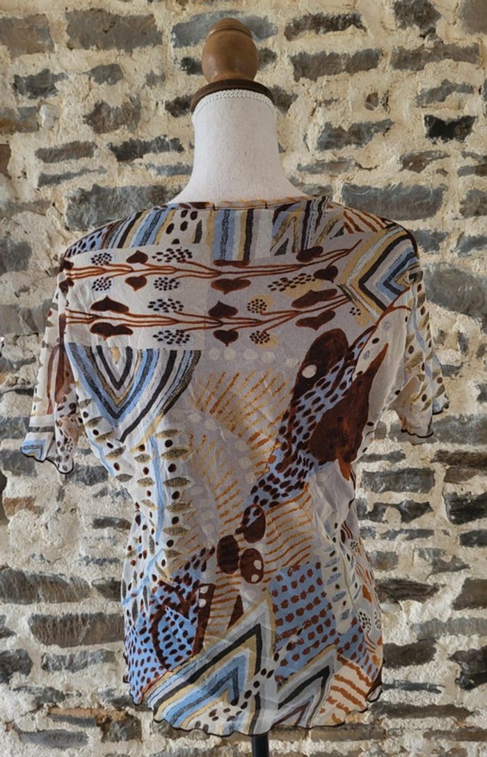 T-shirt blouse manches courtes à motifs marron bleu écru Afibel Taille 40 - photo numéro 6