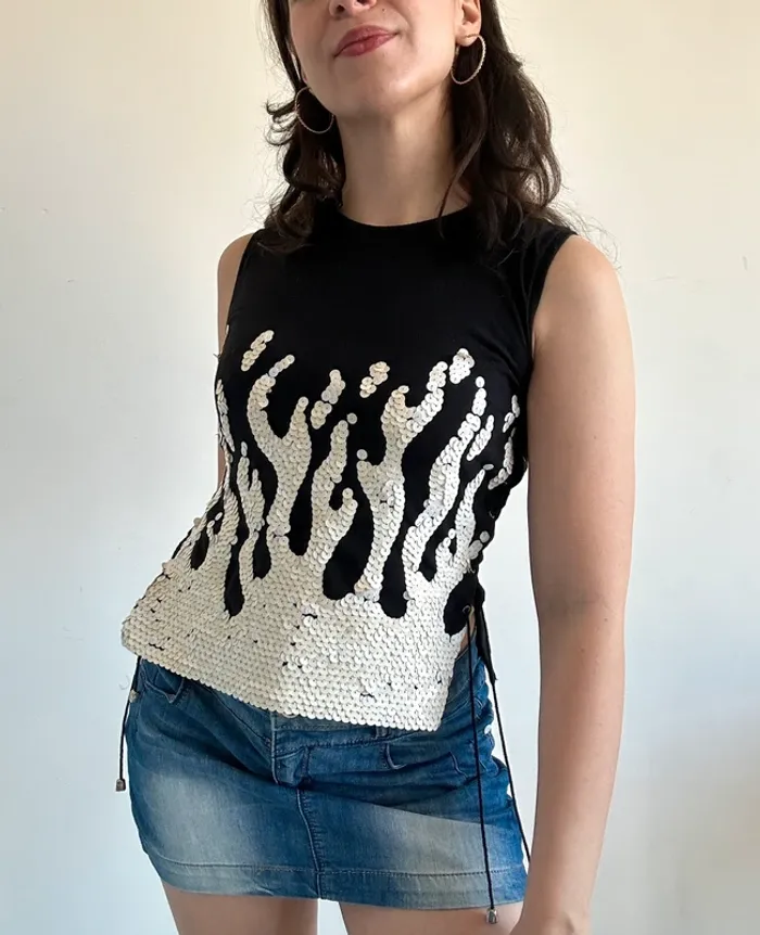 Haut vintage y2k à sequins et laçage noir et beige taille S - photo numéro 9