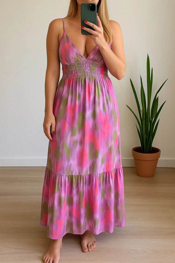 Robe longue fluide rose lila colorée – Taille S – Neuf