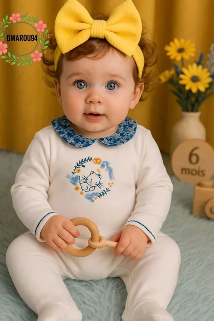 Pyjama velours col fleuri et bandeau cheveux sergent major fille 6 mois 🎀