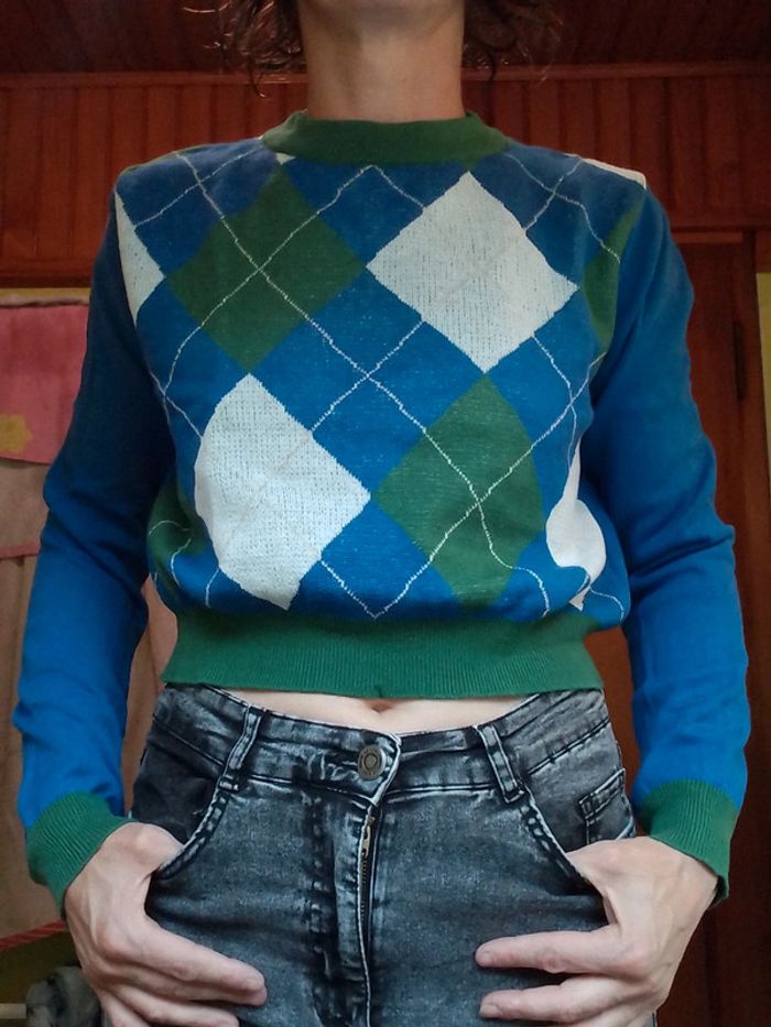 Pull femme croq top à carreaux vert et bleu Shein - photo numéro 3