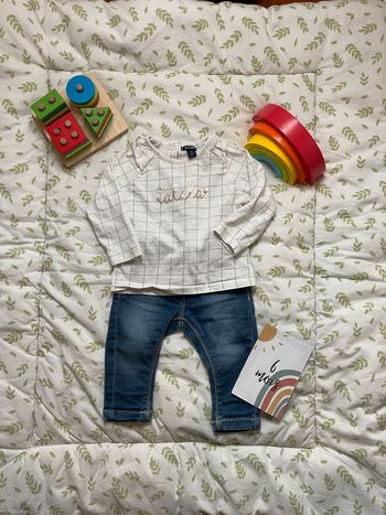 ensemble teeshirt manches longues blanc kiabi et jean bleu gémo taille réglable 6 mois