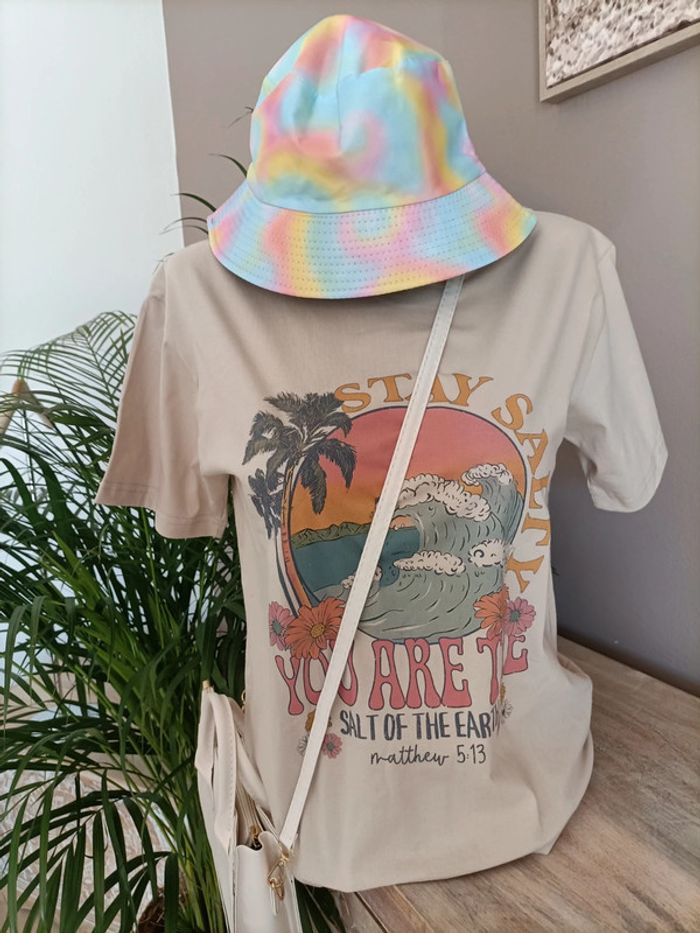 T-shirt beige imprimé Plage Vagues - photo numéro 5