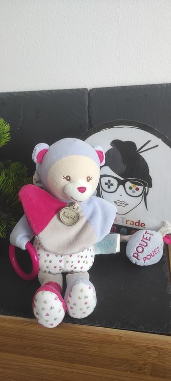 Doudou ours rose mauve blanc coeurs Capucine bn702 peluche pouet