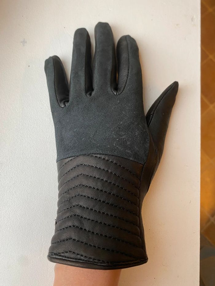 Gants noirs en cuir et nubuck, taille 7 - photo numéro 2