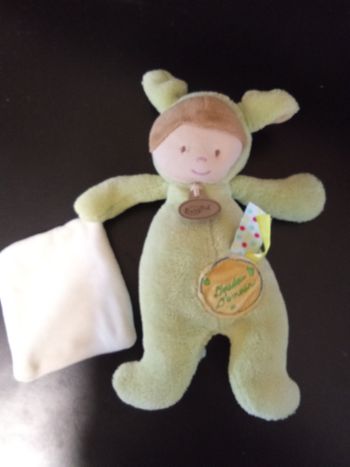 Doudou enfant, bébé vert anis, mouchoir, babynat lutin