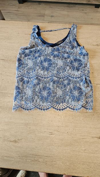 Débardeur bleu avec broderie blanche, Yessica, taille S, nickel