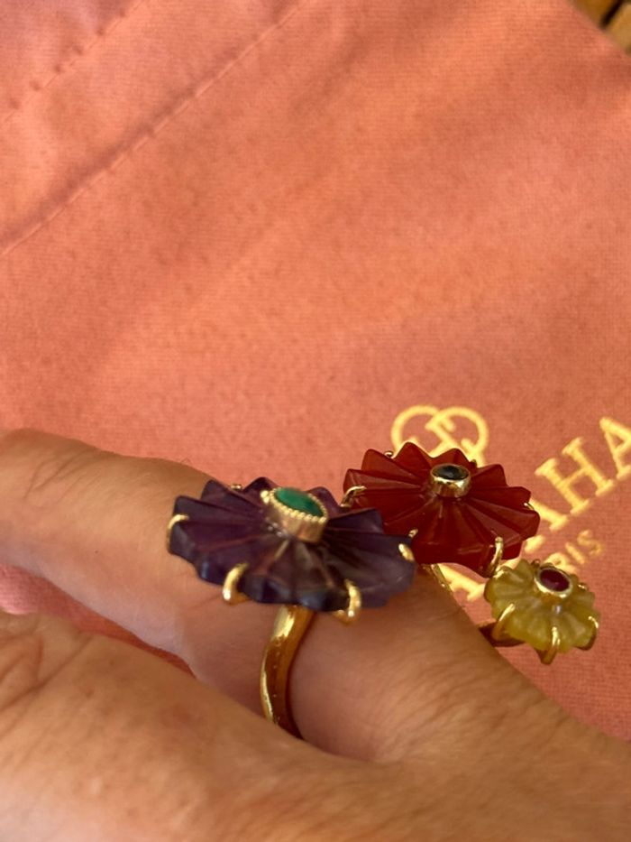 Sublime grande bague réglable habaha Paris fleurs pierres jaspe tournaline  améthyste - photo numéro 7