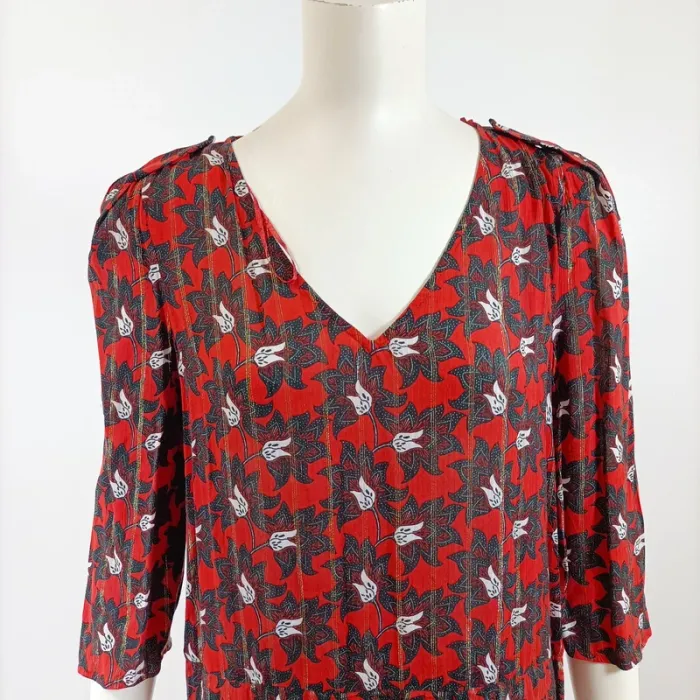Robe fluide Bonobo imprimé fleuri rouge et noir, col V, manches 3/4, taille S A1572 - photo numéro 2