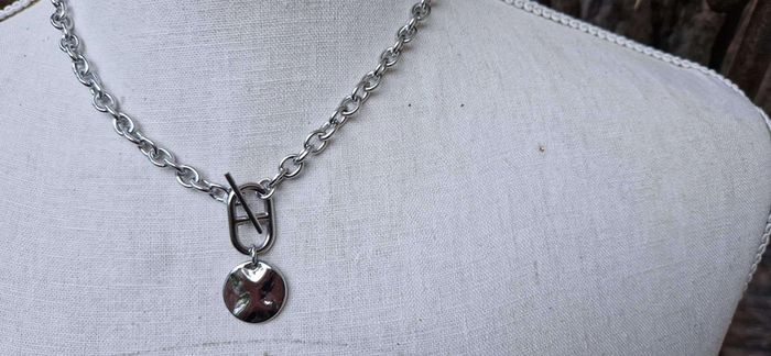 Collier mailles épaisses et large maillon farandole tige médaille acier inoxydable argent - photo numéro 2