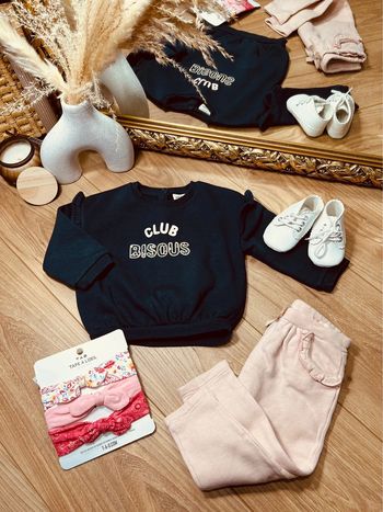 Taille 12 mois tenue 5p fille TAO bleu marine et rose pale * bisous * 🎀