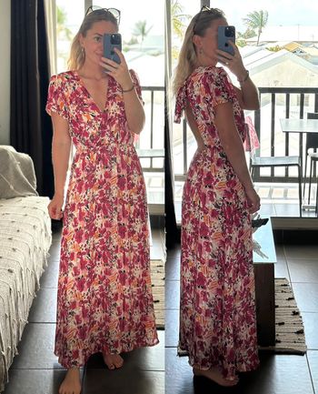 Belle robe longue à motifs fleuris colorés rose et orange – Taille S/M – Lilie Rose