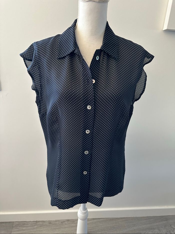 Chemisier à pois bleu marine et blanc Caroline Rohmer Vintage T38 M