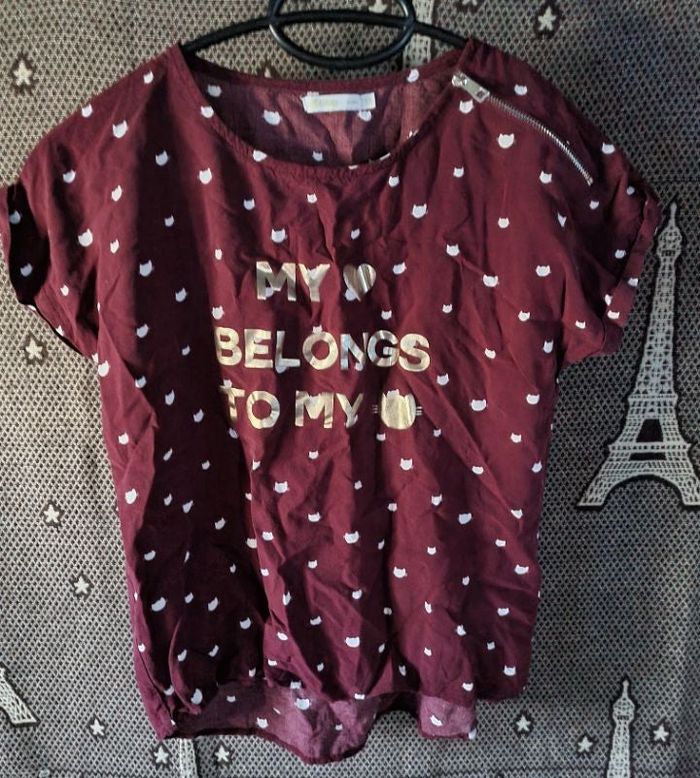 T-shirt bordeaux motifs têtes de chats 12ans