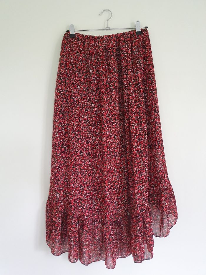 Jupe longue asymétrique rouge à fleurs Papillonne M - photo numéro 3